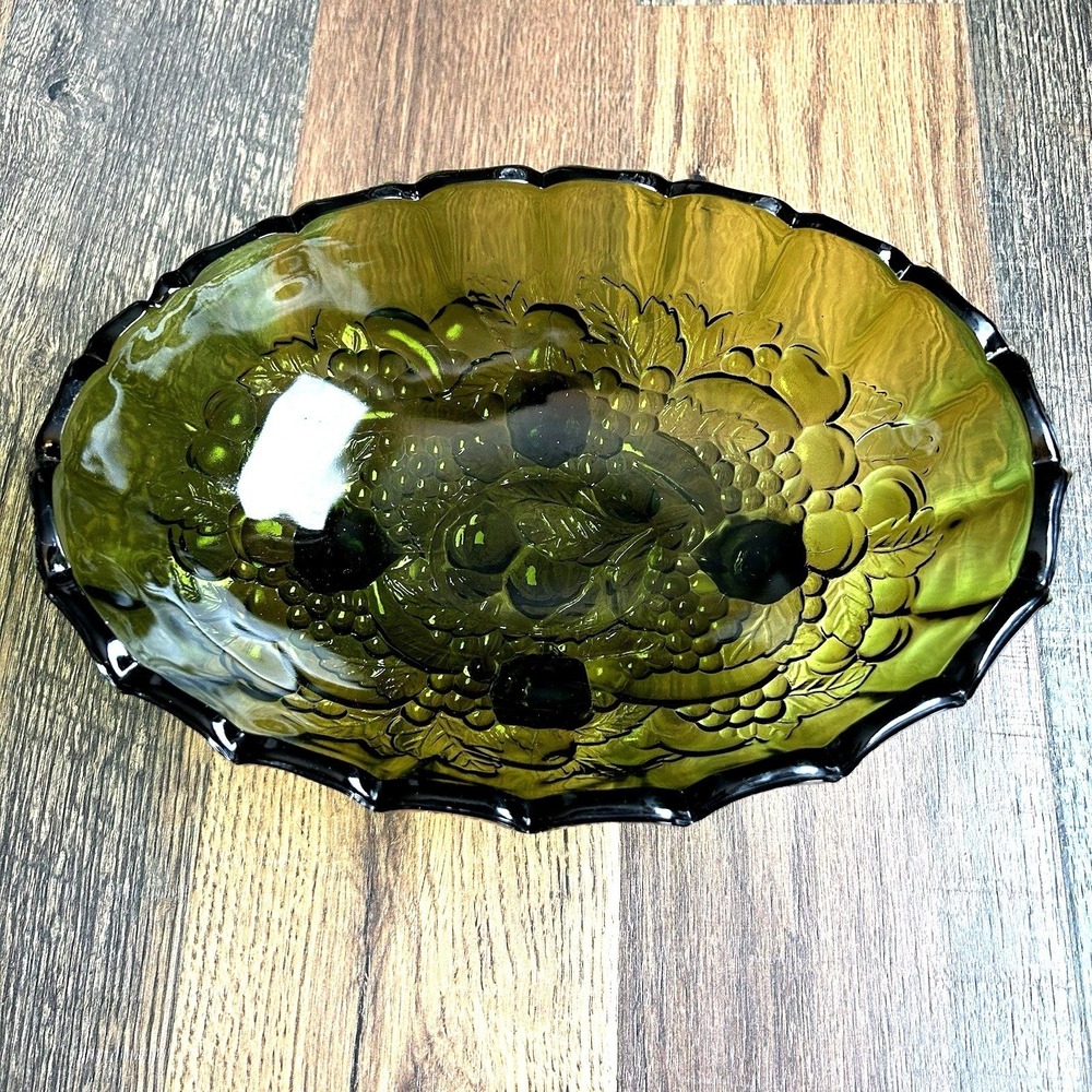 Vintage Indiana Glass Green Harvest Grape Oval Fruit Bowl 12"